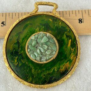 Vintage Small Round Dressing  or Table Mirror With Green Jadeite Stone Gold Tone